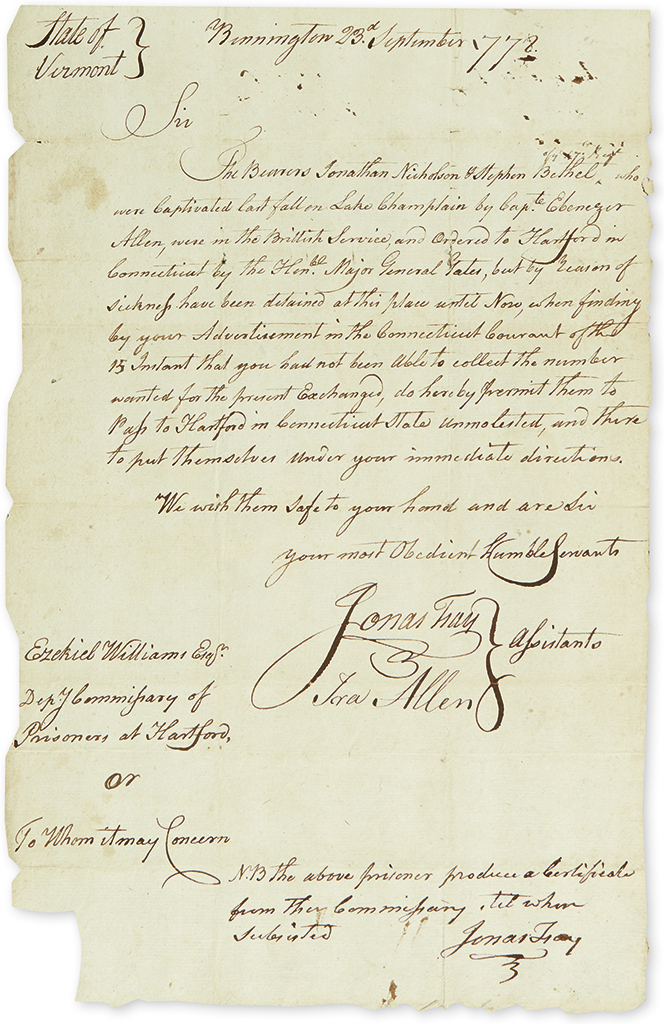 (AMERICAN REVOLUTION--1778.) Allen, Ira. Letter sending two British prisoners to be exchanged.